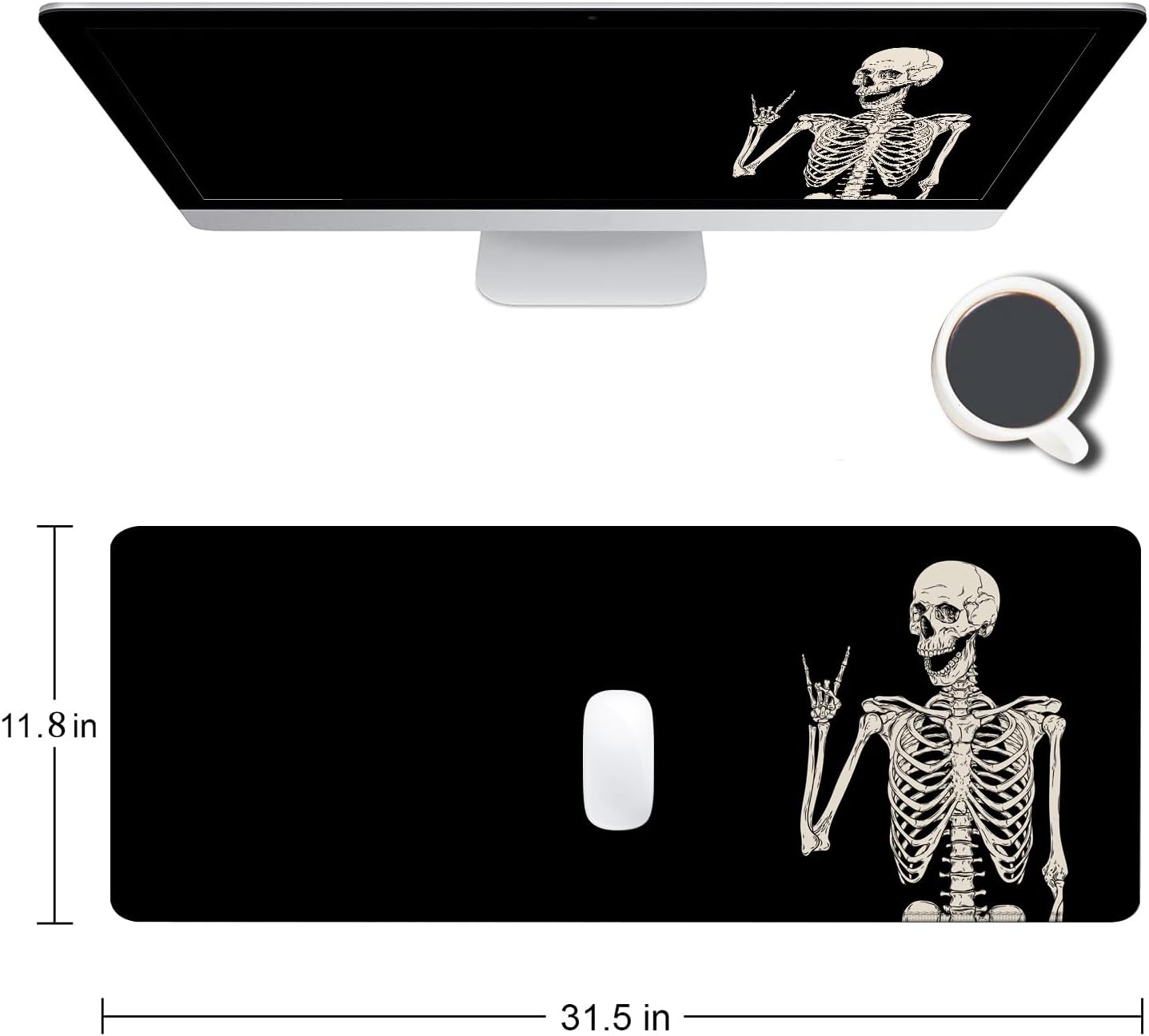 Large Mouse Pad, Extended Gaming Mousepad, Non-Slip Rubber Base Keyboard Mouse Mat Desk Pad for Gamer, Laptop, Office & Home, 31.5 x 11.8 in, Black Skull