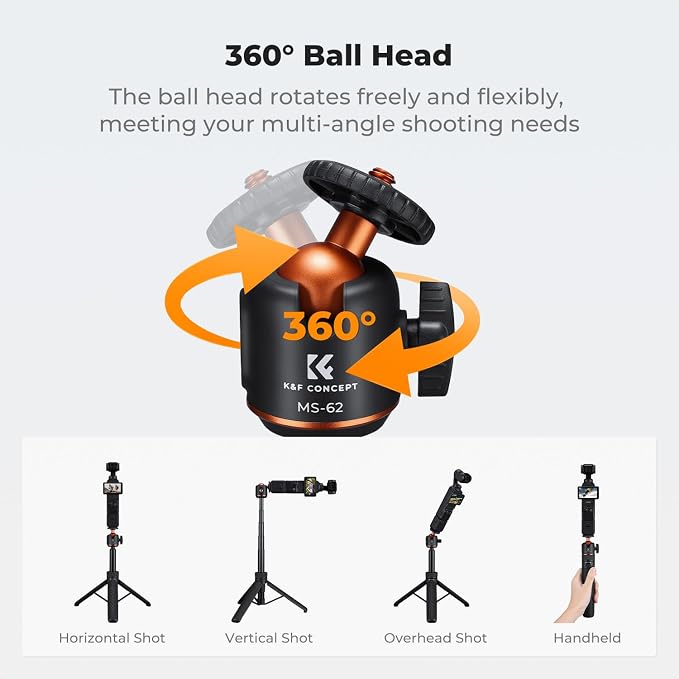 K&F CONCEPT MS62 25.6'' Mini Selfie Stick Tripod Stand, 5 Levels 360° Ball Head - Image 3