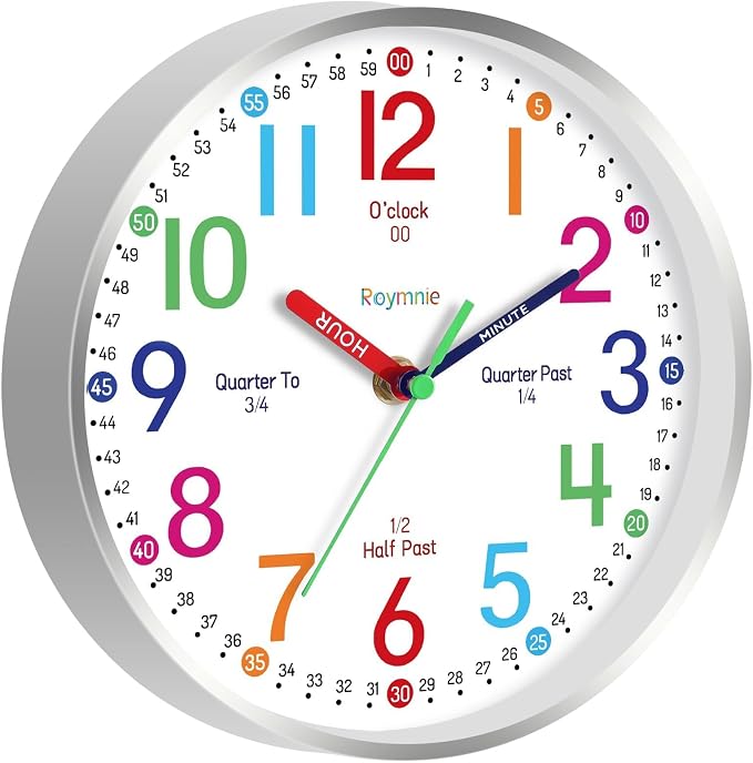 Roymnie Wall Clock for Kids Learning to Tell Time Easily Non Ticking Battery - Image 9