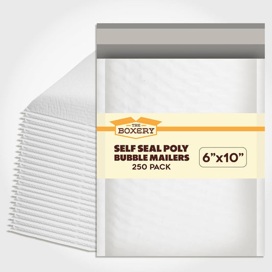 The Boxery 6x10''|#0 Poly Bubble Mailers- 250 Pack, Padded Envelopes, Self Seal, Waterproof Shipping Bags, Padded Mailers for Shipping & Packaging