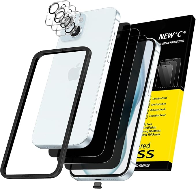 NEW'C 3x Privacy for iPhone 15 Screen Protector+ 3x Camera Lens Protector by NEWC
