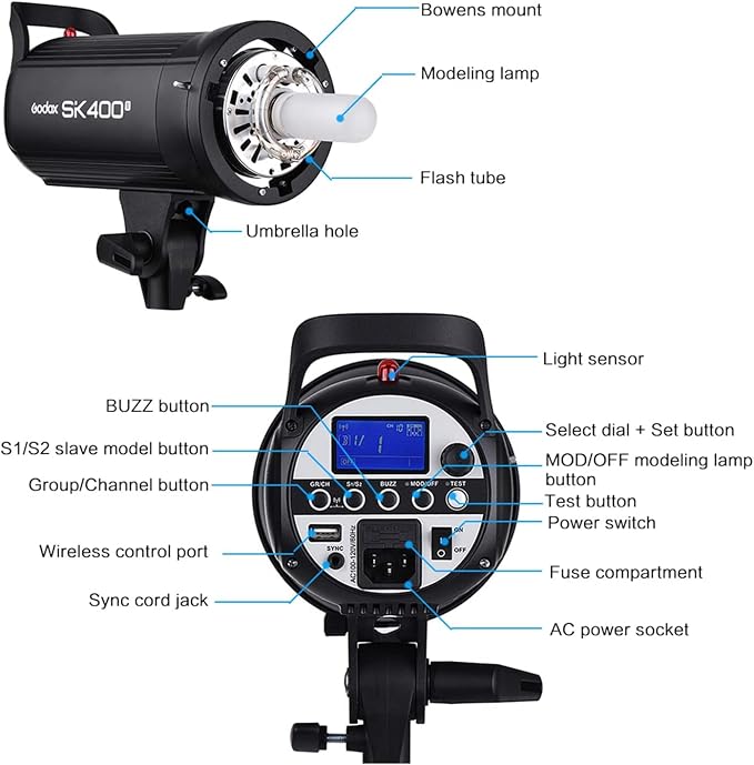 Godox 2* SK400ii 800Ws Studio Strobe Flash Lighting Kit:2 Pack SK400II Monolight - Image 3