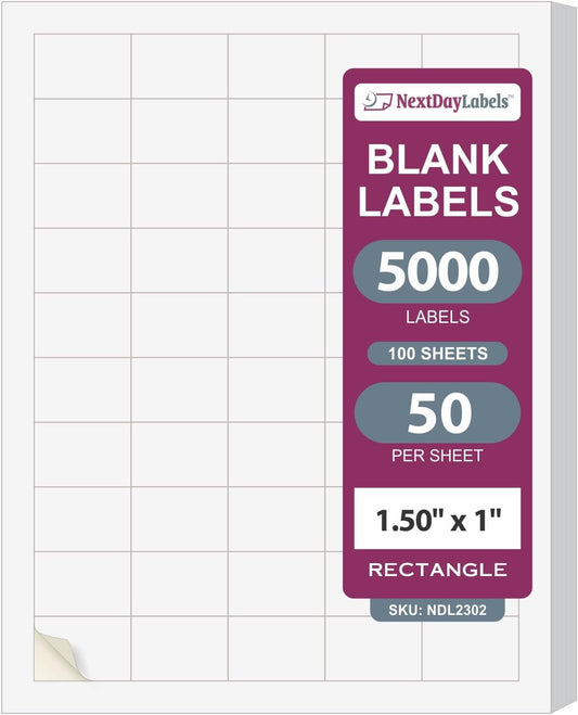 NextDayLabels – 1.5" x 1" Rectangular Sticker Labels for Printer - White Laser/Inkjet Printer Labels Return Address Labels Shipping Label Stickers (100 Sheets, 50 Per Sheet, 5000 Labels)