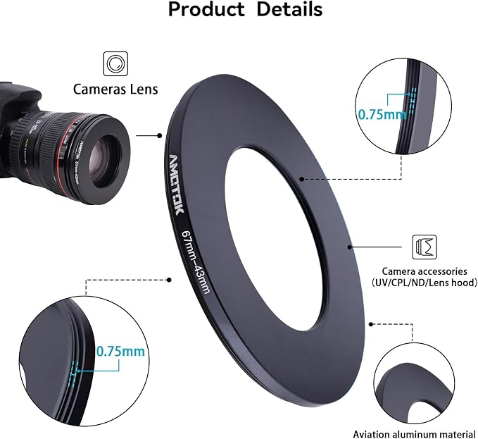 67mm Lens to 43mm Camera Lens Adapter, 67mm to 43mm Filter Step-Down Ring - Image 3
