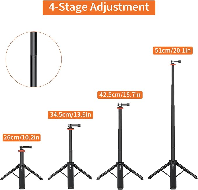 VRIG 20.1" Mini Extendable Gopro Tripod, Portable Selfie Stick Tripod - Image 2