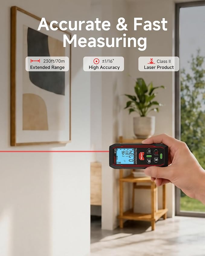 NOYAFA 230Ft Laser Distance Meter, Digital Measuring Tool | Backlit LCD - Image 2