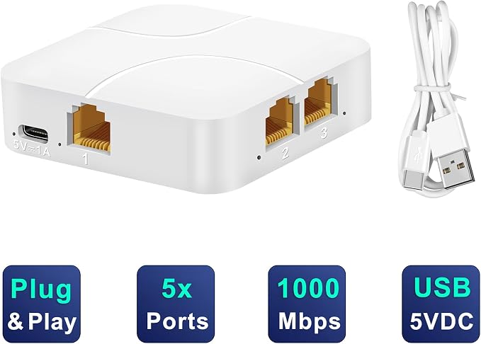 5 Port Gigabit Ethernet Switch Type-C 5V Powered 1000Mbps 1 in 4 Out Network - Image 3