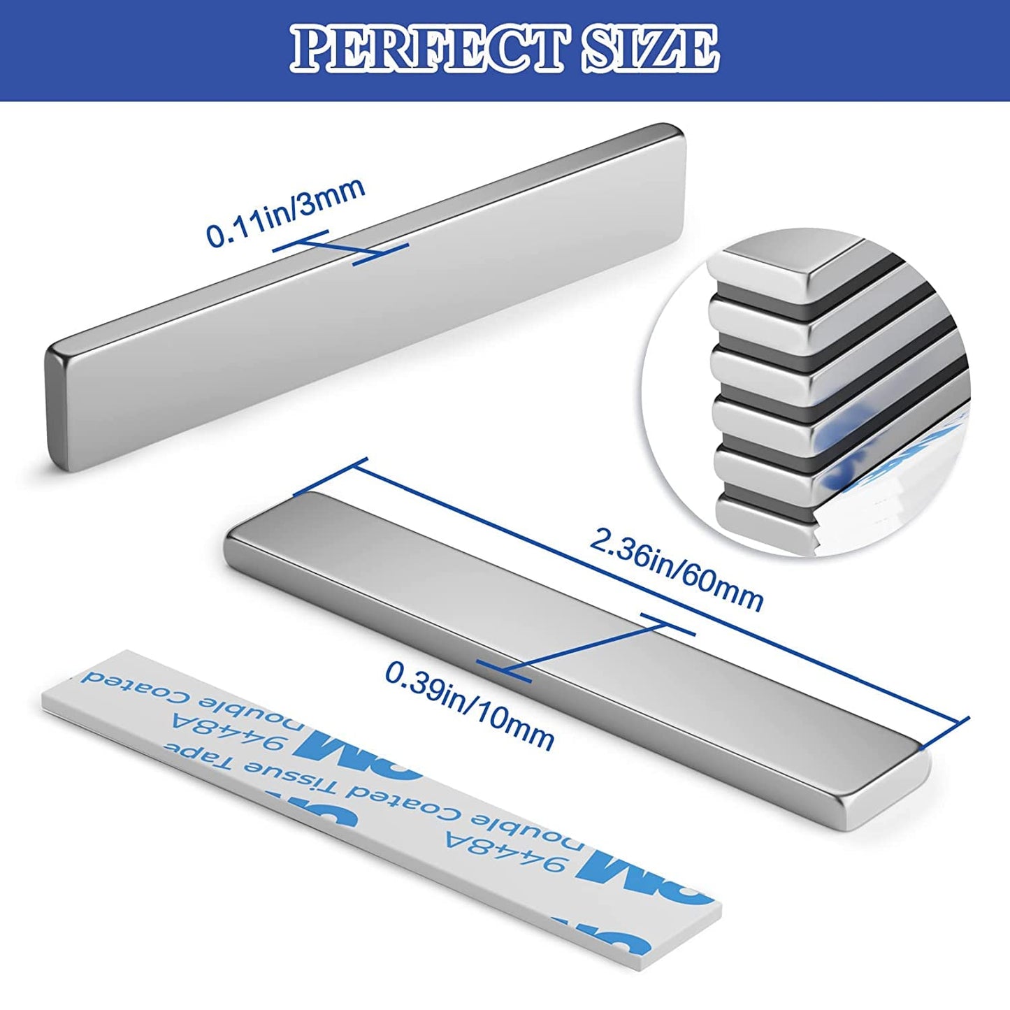 Grtard 4Pack Neodymium Magnet Bar, Powerful Bar Magnets, Magnet Strips Heavy Duty, Strong Rare Earth Magnets with Double-Sided Adhesive for Craft, Fridge, Kitchen, Office - 60 x 10 x 3 mm