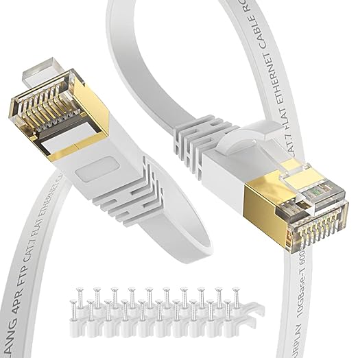 Cat7 Ethernet Cable 30FT-Flat-White-10Gbps Ultra Slim High Speed Double Shielded by SURPLAY-WinningHighSpeed