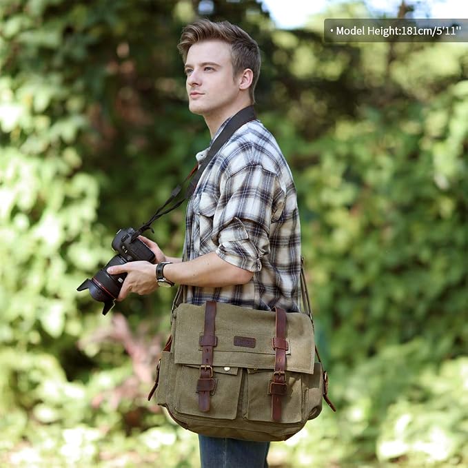 Kattee Leather Canvas Camera Bag Vintage DSLR SLR Messenger Shoulder Bag - Image 2