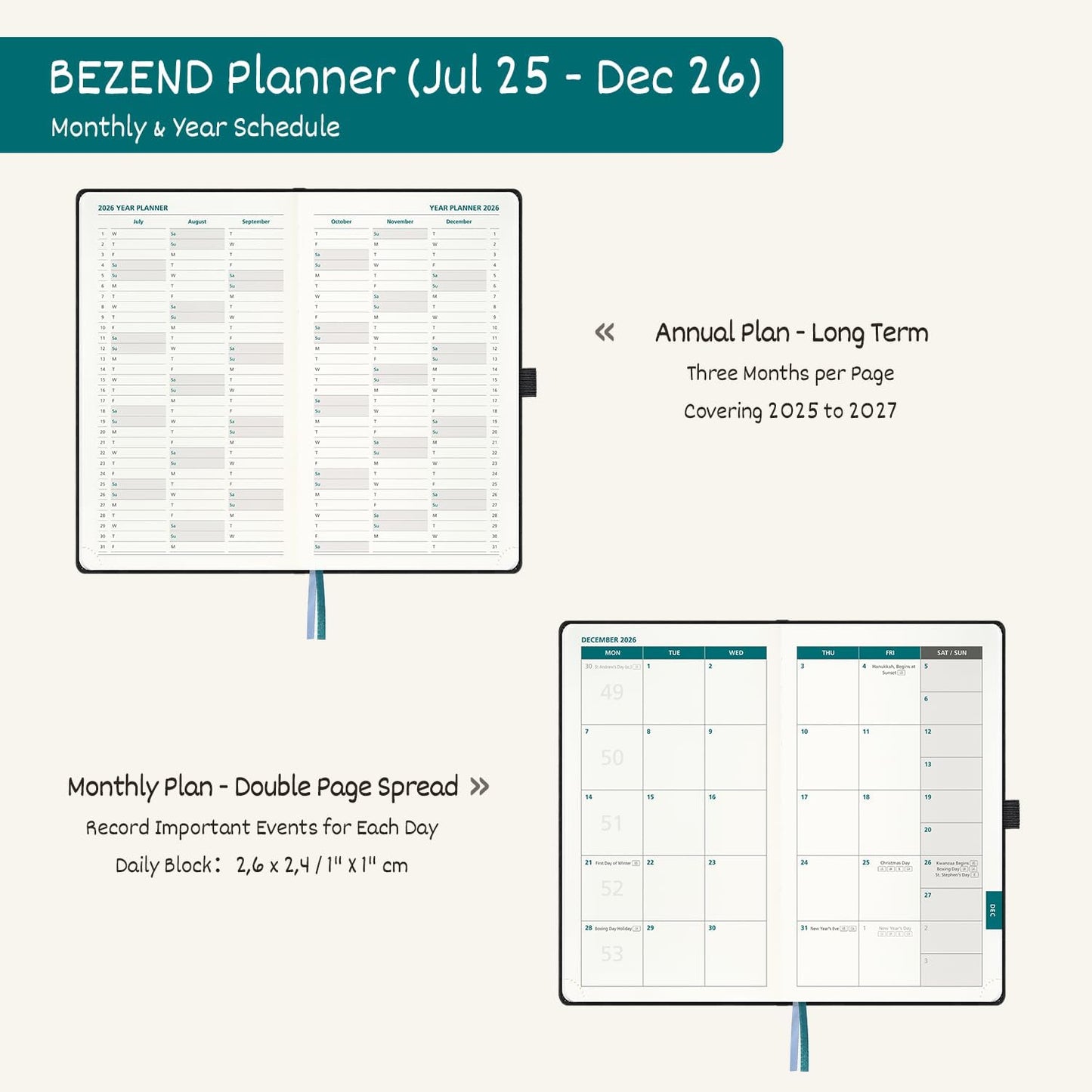 BEZEND Pocket Planner 2025-2026 Weekly with 2 Columns, 18-Month Academic Calendar (Jul 25-Dec 26), Life Work Appointment, Storage Pocket, Pen Holder, PU Leather Hardcover 3.5" x 6" - Prussian Blue