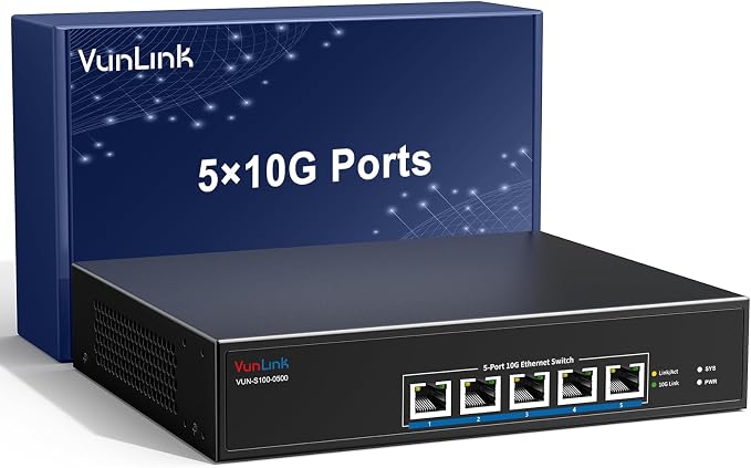 5-Port 10G RJ45 Ethernet Switch Unmanaged, VunLink 10GBase-T Network Switch by VunLink