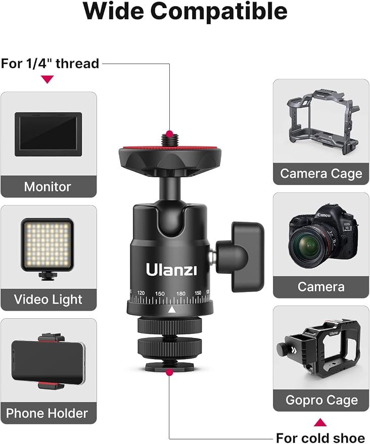 Mini Ball Head, ULANZI H28 Panoramic Tripod Head + Dual Hot Shoe Mount DSLR - Image 5