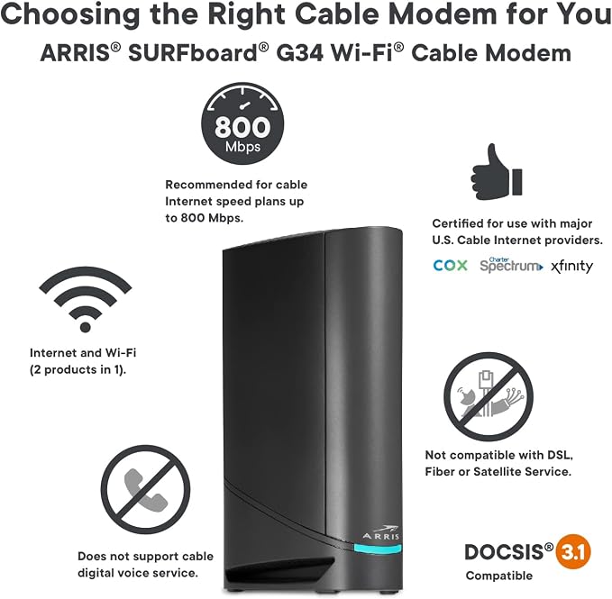 ARRIS Surfboard G34 DOCSIS 3.1 Gigabit Cable Modem & AX3000 Wi-Fi 6 Router - Image 2