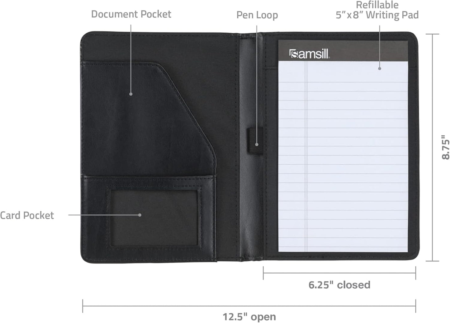 Samsill Contrast Stitch Faux-Leather Portfolio, Mini Size Business Interview Professional Padfolio, Includes 5 x 8 Inch Writing Pad, Black