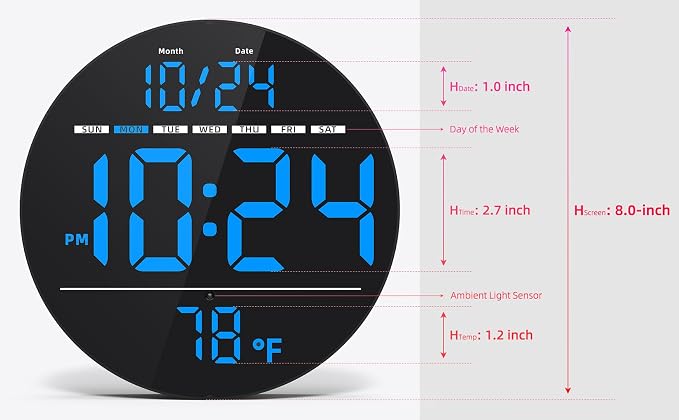 Digital Wall Clock with Large LED Display, Temperature, Auto-Brightness | Small - Image 3