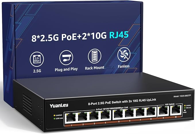 YuanLey 8 Port 2.5G PoE Switch Unmanaged, 8 x 2.5G Base-T PoE Ports, 2X 10G by YuanLey