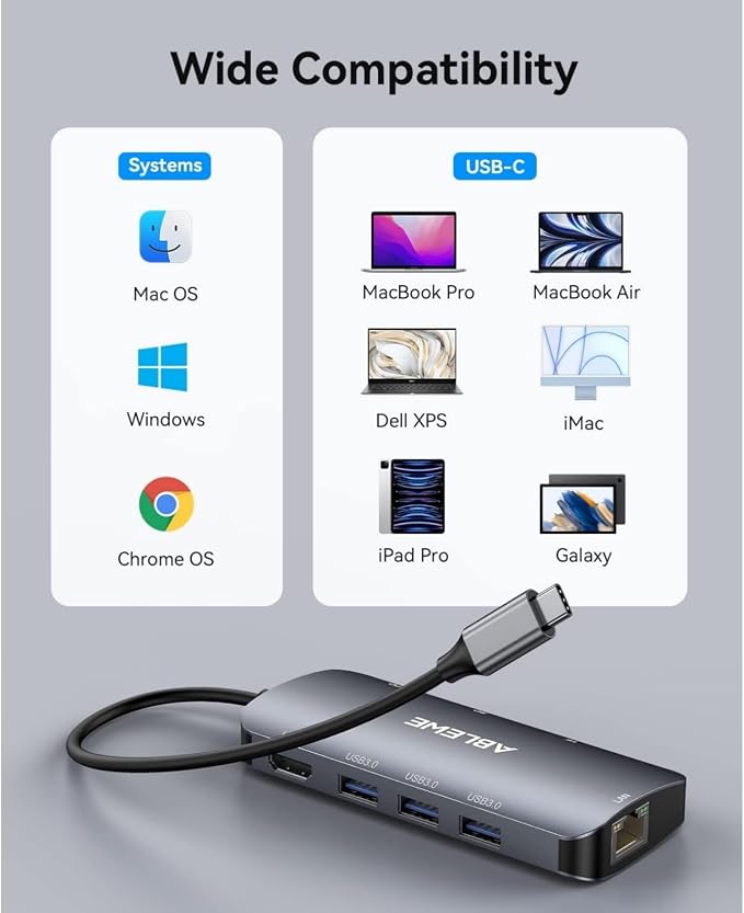 ABLEWE USB C Hub Ethernet, 8 in 1 4K@60Hz USBC Adapter, 100W PD, 3 USB 3.0 Ports - Image 2
