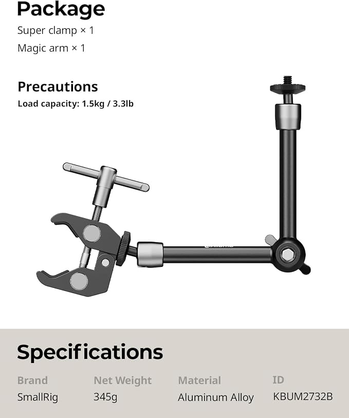 SMALLRIG Clamp w/ 1/4" and 3/8" Thread and 9.8 Inches Adjustable Friction Power - Image 9