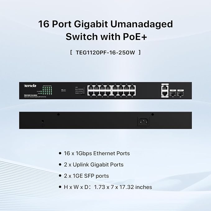 Tenda 20 Port Gigabit PoE Switch | Rackmount PoE Ethernet Switch | 16*PoE+ Port - Image 2