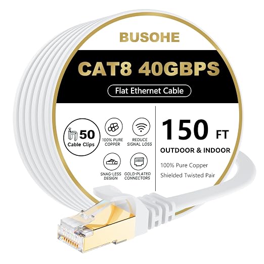 BUSOHE Cat 8 Ethernet Cable 150 FT, 40Gbps 2000Mhz High Speed Flat Cat8 Cable by BUSOHE