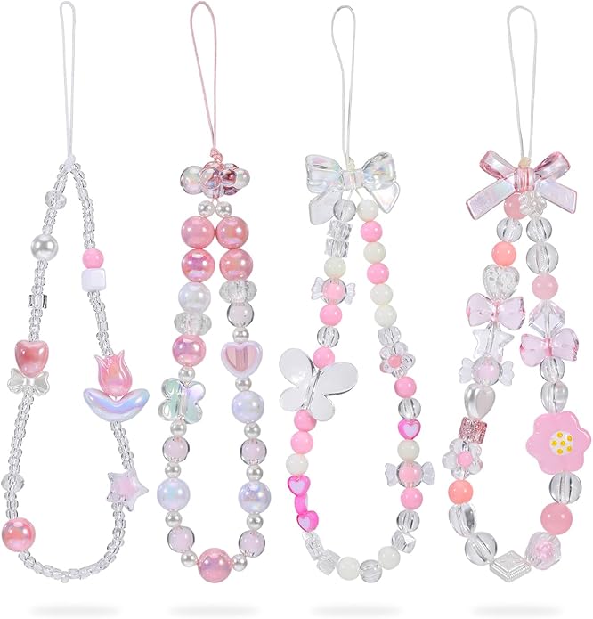 Pink Beaded Phone Wrist Straps, Y2K Phone Case Charms Camera Charm Strap by Unknown