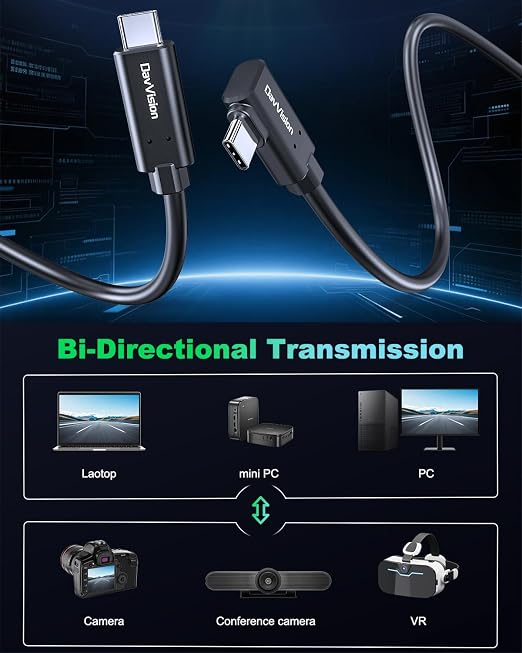 Long Tether Cable 25FT, USB C Fiber Optic Cable Right Angle, PD 60W & 10Gbps - Image 3