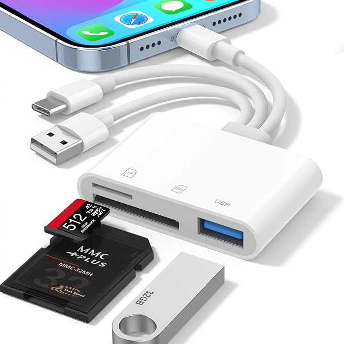 SD Card Reader for iPhone iPad Mac, 3-in-1 Lightning/USB-C/USB-A MicroSD/SD by Unknown