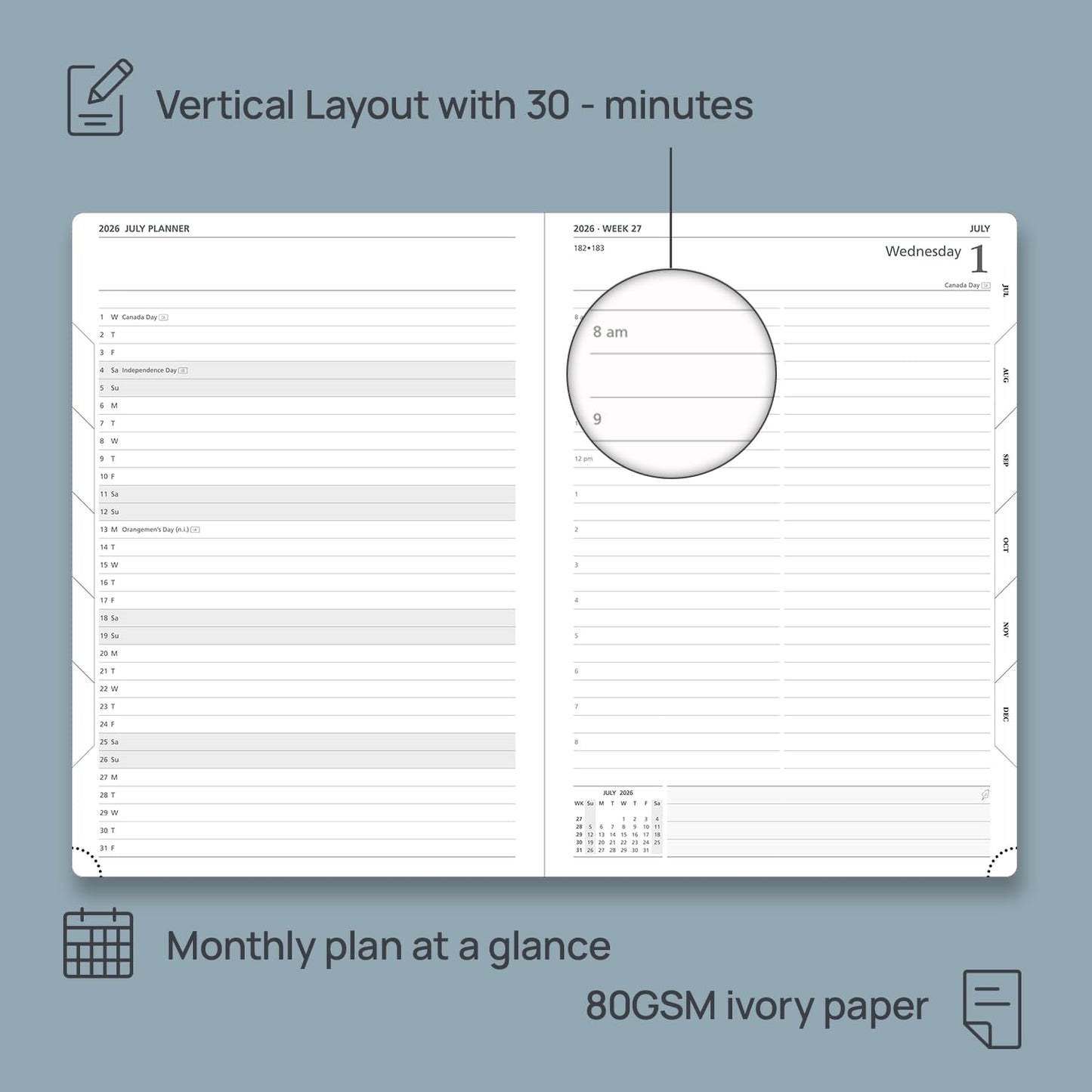 POPRUN 2026 Daily Planner One Page Per Day Even Weekends A4 Large Size (8.5" x 12") - 12 Months Calendar Hourly Appointment Book with Inner Pocket, Pen Holder, Hardcover - Black