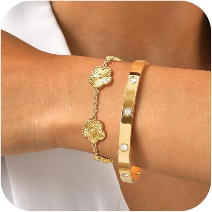 MPRAINBOW Womens Stackable Gold Bracelets Jewelry, 18K Gold Plated Floral by MPRAINBOW