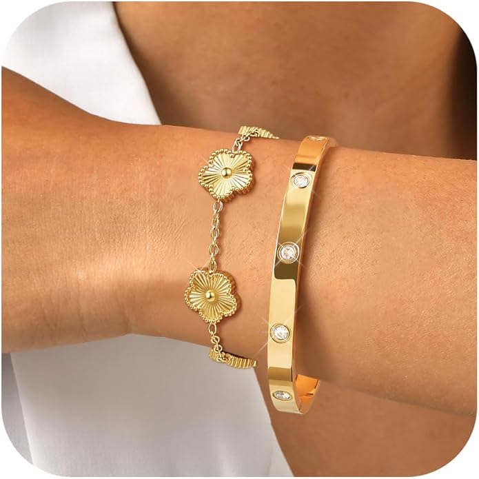 MPRAINBOW Womens Stackable Gold Bracelets Jewelry, 18K Gold Plated Floral by MPRAINBOW