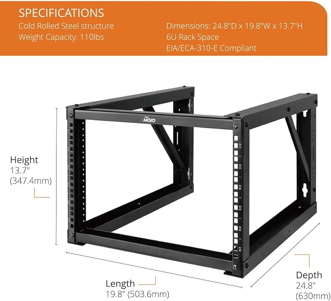 Tecmojo 6U Wall Mount Rack, Wall Mount Network Rack 24.8in Depth, Open Frame - Image 2