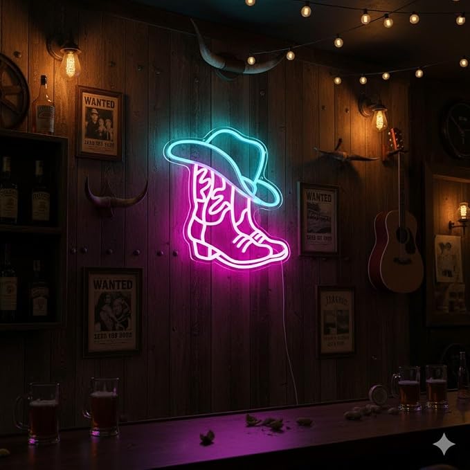 Cowboy Boot and Hat LED Neon Sign, Western Country Wall Decor - Image 3