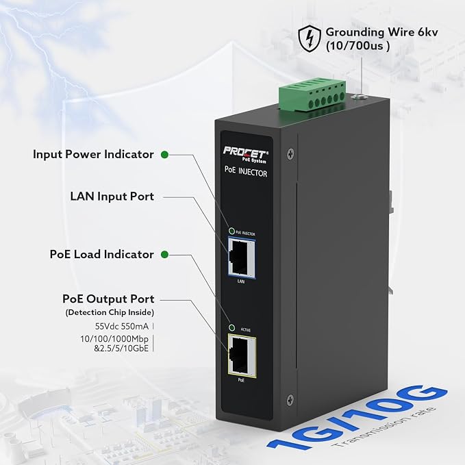 PROCET 10 Gbps PoE+ Gigabit Injector Din Rail, 30W Industrial Boost PoE Adapter - Image 3