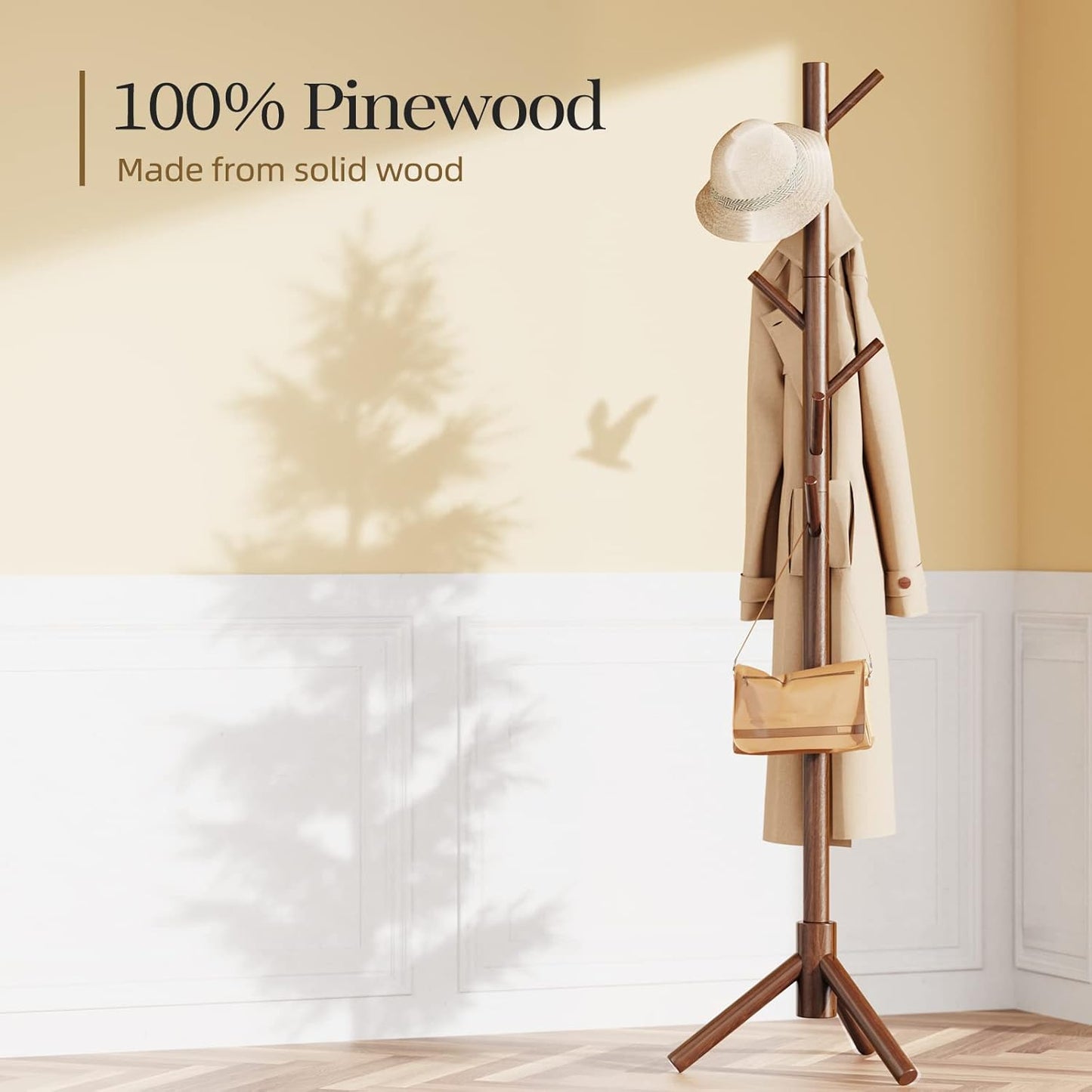 Pipishell Sturdy Wooden Coat Tree with 8 Hooks, 3 Adjustable Sizes for Clothes, Hat Stand Used in Bedroom/Office/Entryway, Brown