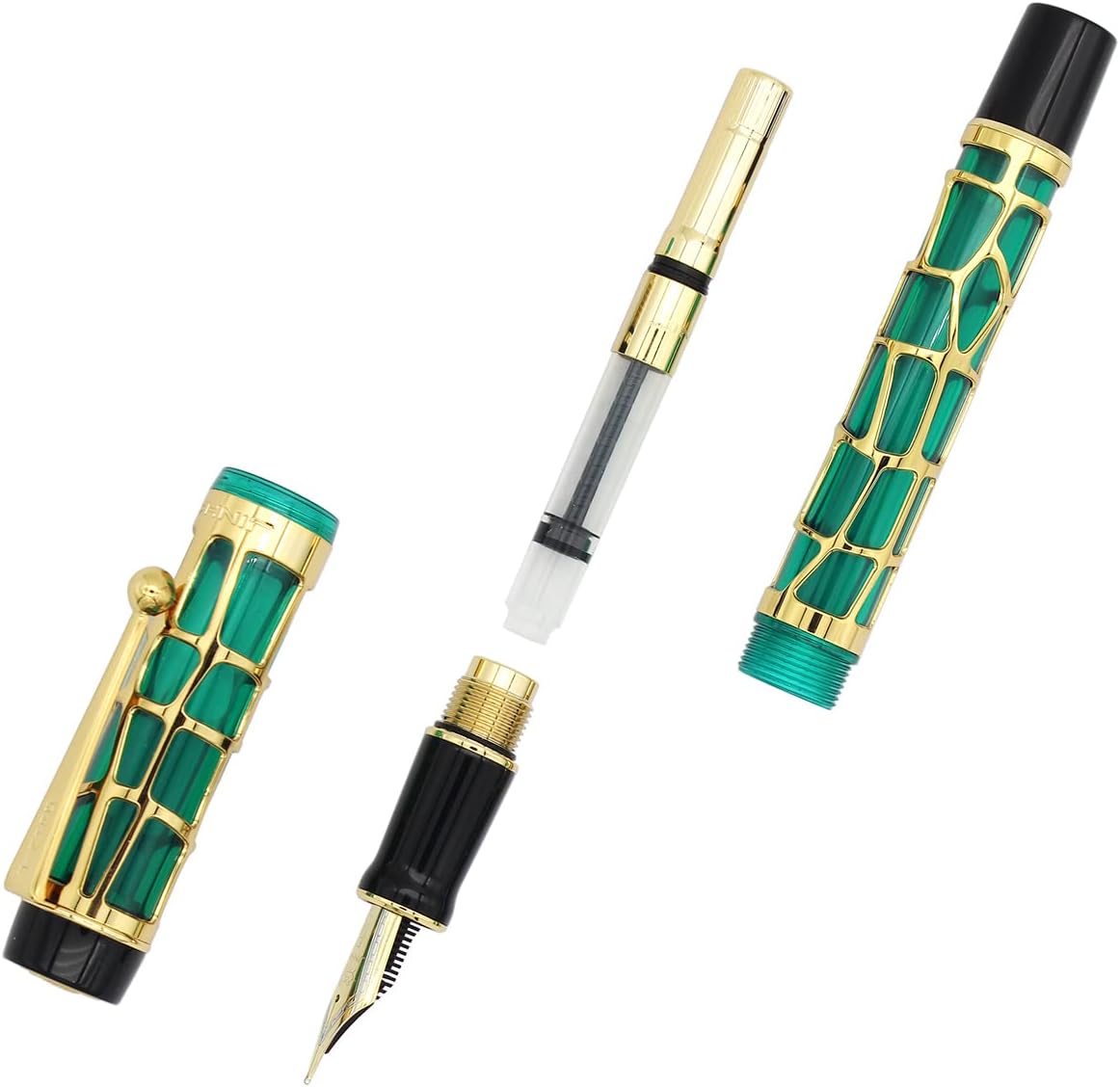 Gullor Century 100 Fountain Pen, Skeleton Hollow-out Series Golden, Screw-Cap, Fine Nib, Black