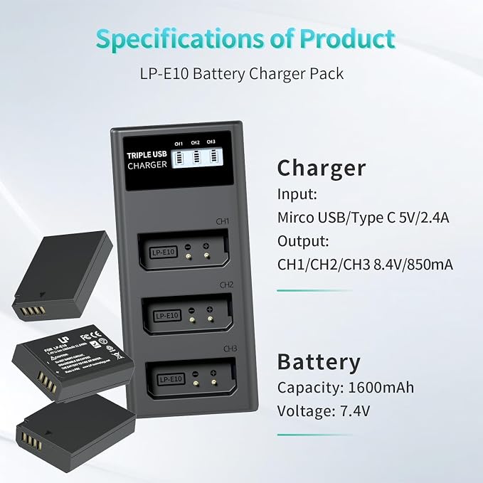 LP LP-E10 Battery Charger Pack, Triple Slot Charger, USB Battery Charger - Image 6