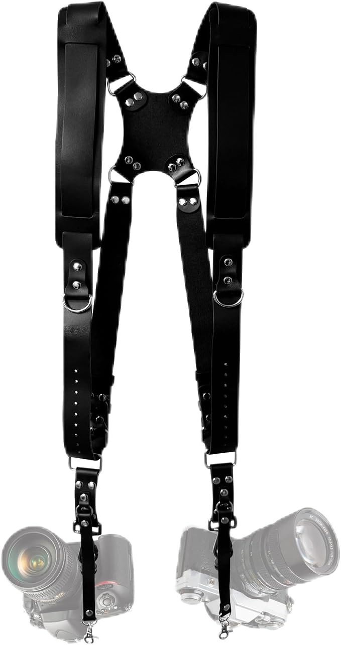 Double Camera Strap, Shoulder Camera Strap Harness Leather Dual Camera Strap by Yunzuiyue