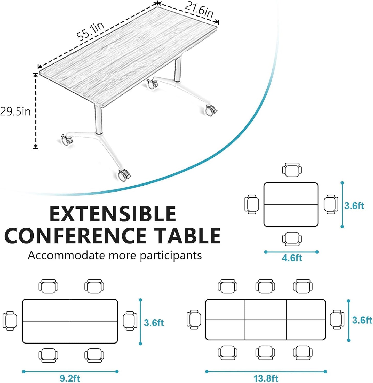 Conference Room Table, Folding Conference Tables,Thicken Grey Tabletop,Flip Top Wooden Seminar Meeting Room Table for Conference Room Offices (10, Black, 55.1”)