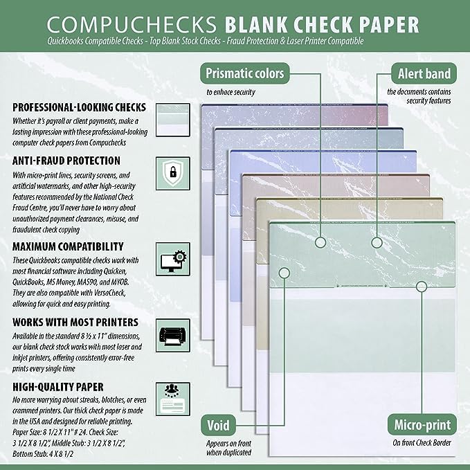 Compuchecks Check on Top Blank Check Paper - 1000 Pack, Quick-Books & Laser Printer Compatible - Security Business Checks with Voucher - 8.5" x 11" Platinum Pinstripe
