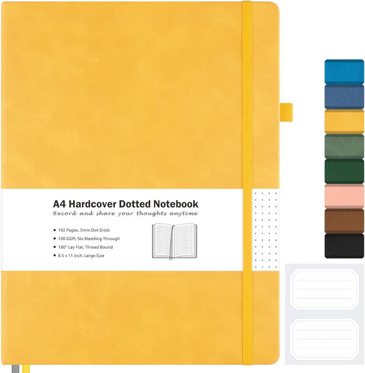 Dotted Journal, Hardcover Notebook 8.5 x 11, Dot Grid Notebook Journal for Women, Men, Large Leather Journals for Writing, Bullet, No Bleed Thick Paper, A4 Notebooks for Work, School, Notes, Yellow