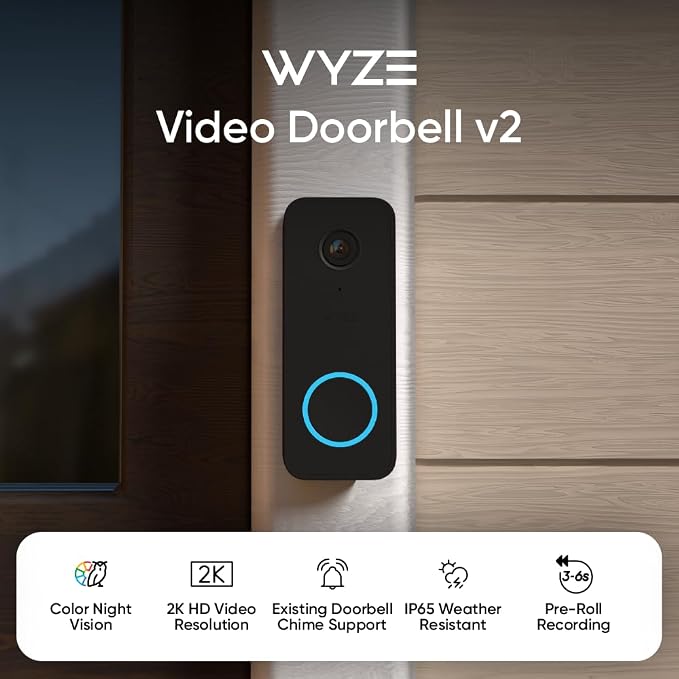 Wyze Video Doorbell v2, 2K Video, Two-Way Audio, Color Night Vision, Compatible - Image 2