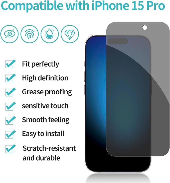 PEHAEL 2+2 Pack for iPhone 15 Pro Privacy Screen Protector - Image 2