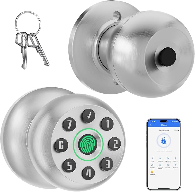 Fingerprint Door Knob, Smart Biometric Lock, Satin Nickel | Code & App Control by RAFECIEE