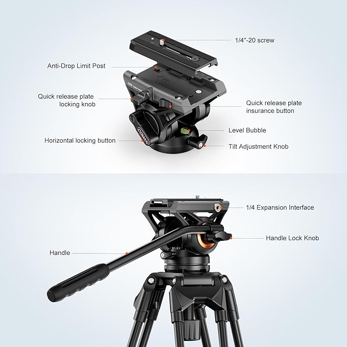 COMAN 74.4" Video Tripod, Heavy Duty Camera Tripod - Image 5