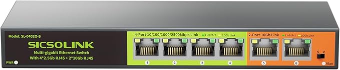 6 Port Multi-Gigabit Ethernet Switch Unmanaged – 4×2.5G RJ45 + 2×10G RJ45 Uplink by SICSOLINK