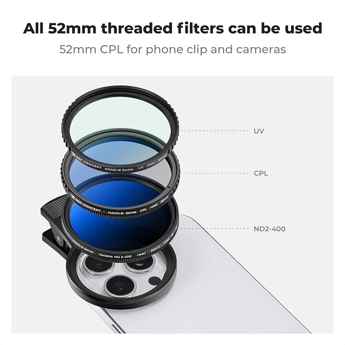 K&F CONCEPT 52mm Clip-on CPL Phone Camera Lens Filter Kit, Circular Polarizer - Image 7