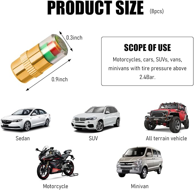 Yourkar 8 PCS Tire Pressure Monitor Valve Stem Caps, 2.4Bar 36PSI Car Tire - Image 2