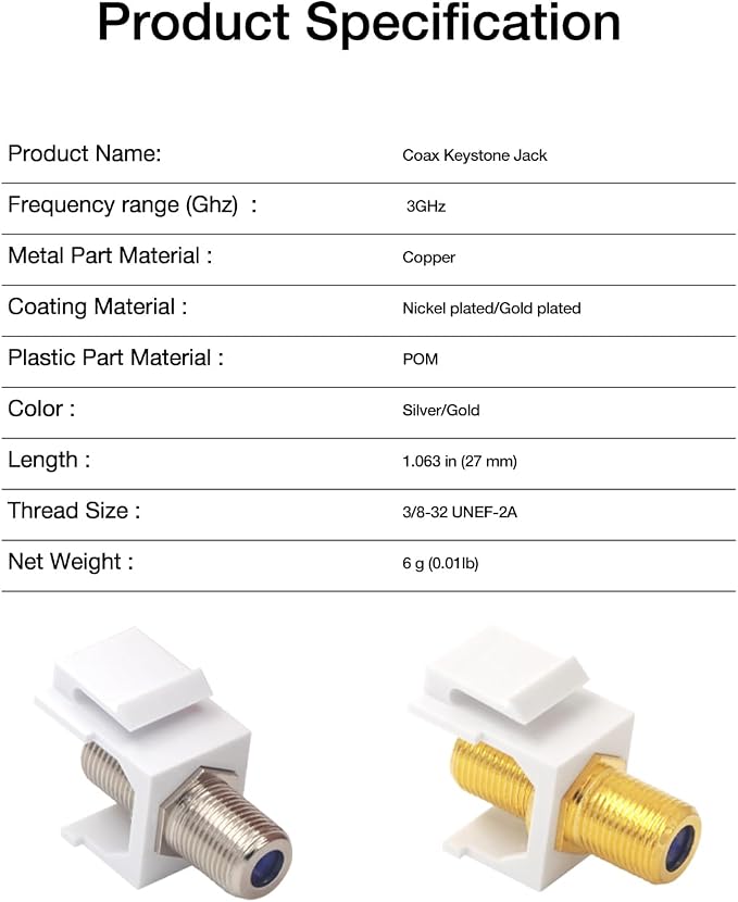 VCE Coax Keystone Jack Insert 3GHz Coaxial Cable Connector, F-Type RG6 Cable - Image 5