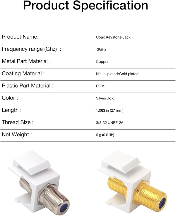 VCE Coax Keystone Jack Insert 3GHz Coaxial Cable Connector, F-Type RG6 Cable - Image 5